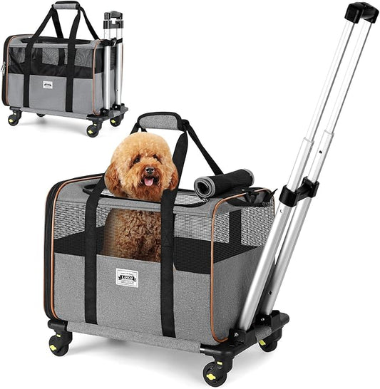 Lekereise Cat Carrier with Wheels for Small Pet, Airline Approved Dog Carrier with Wheels, Rolling Dog Cat Carrier, Grey