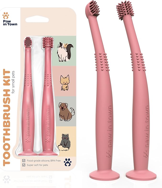 PAWINTOWN Soft Cat Toothbrush Set – Suitable for Dogs – Food Grade Silicone – Cat Dental Care, Cat Teeth Cleaning, Cat Tooth Brushing Kit (Blushing Flamingo)