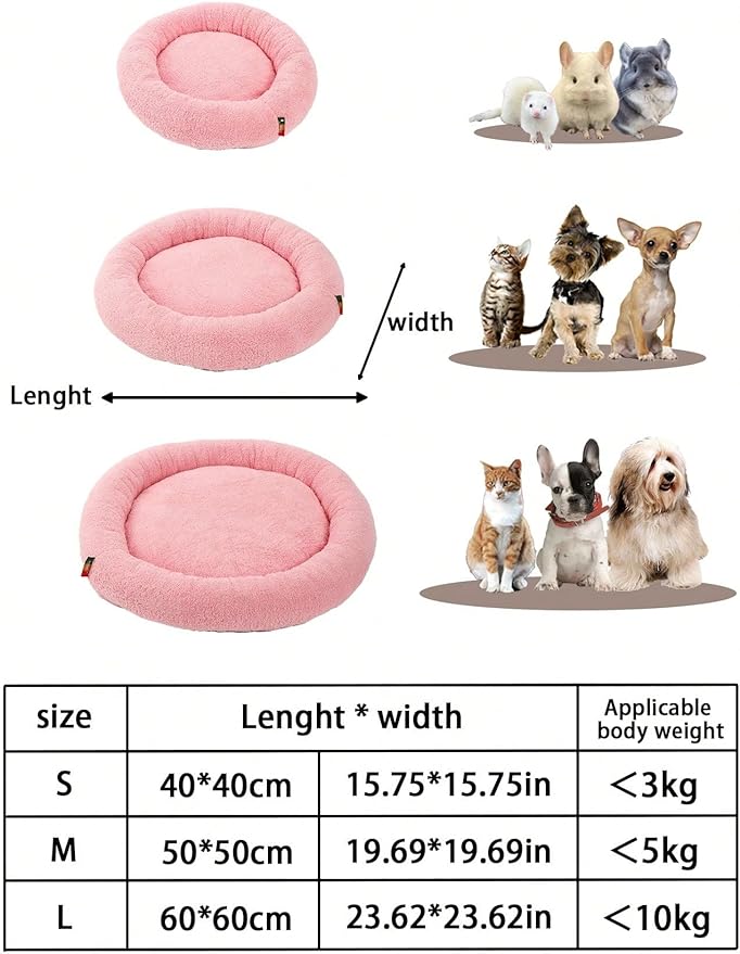 QWINEE Cat and Dog Cushion Bed Mat Plush Puppy Kitten Beds Round Bed Anti-Slip Pet Sleeping Bed for Small Medium Dog Cat Kitten Pink L