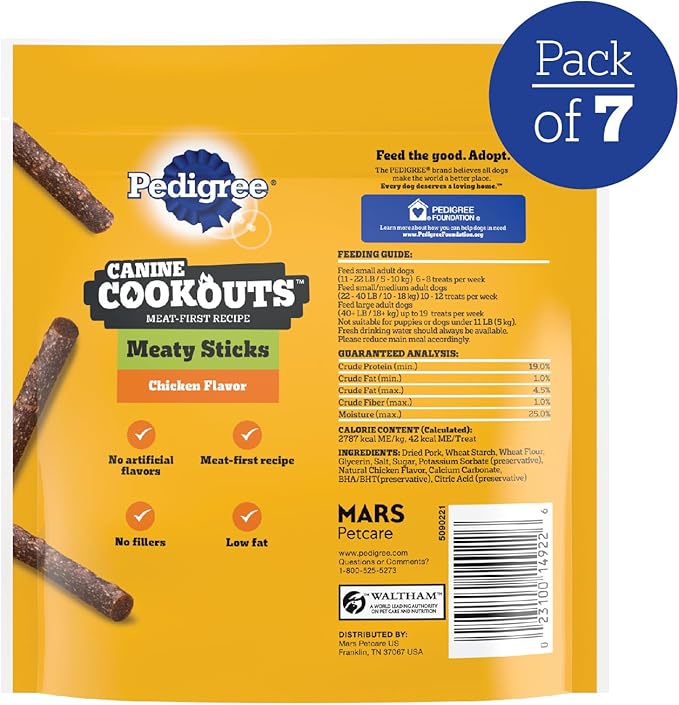 Pedigree Canine Cookout Soft Dog Treats, Chicken Flavored Meaty Sticks, 5.36 oz. Bag, Pack of 7