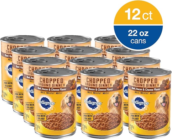 PEDIGREE CHOPPED GROUND DINNER Adult Canned Soft Wet Dog Food Beef, Bacon & Cheese Flavor, 22 oz. Cans (Pack of 12)