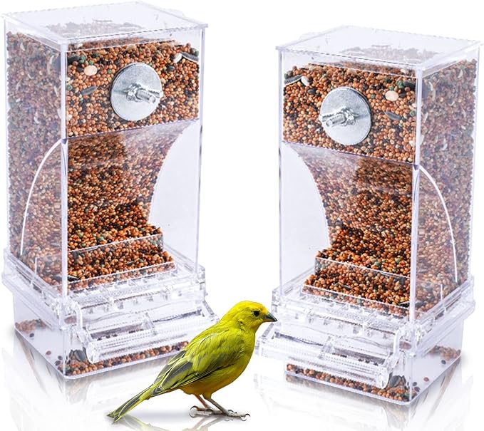 Hamiledyi No Mess Bird Cage Feeder 2Pack Automatic Parrot Seed Feeders with Perch Acrylic Transparent Seed Food Container Cage Accessories for Small and Medium Lovebirds Parakeets