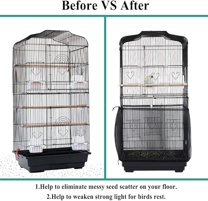 ASOCEA Bird Cage Seed Catcher,Universal Bird Cage Cover Skirt,Adjustable Parakeet Cage Nylon Mesh Netting for Round Square Cages Prevent Scatter and Mess- Black 78.7Inch (Not Include Birdcage)