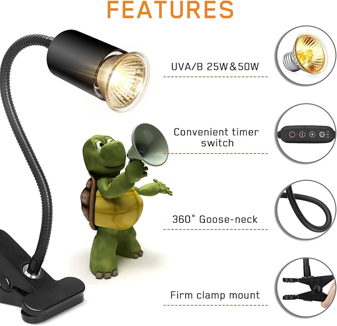 Reptile Heat Lamp,Timed Heating Lamp with Clamp, Adjustable Habitat Basking Heat Lamp,UVA/UVB Light Lamp 360° Rotatable Clip and Power Adapter for Aquarium(Bulb Included)