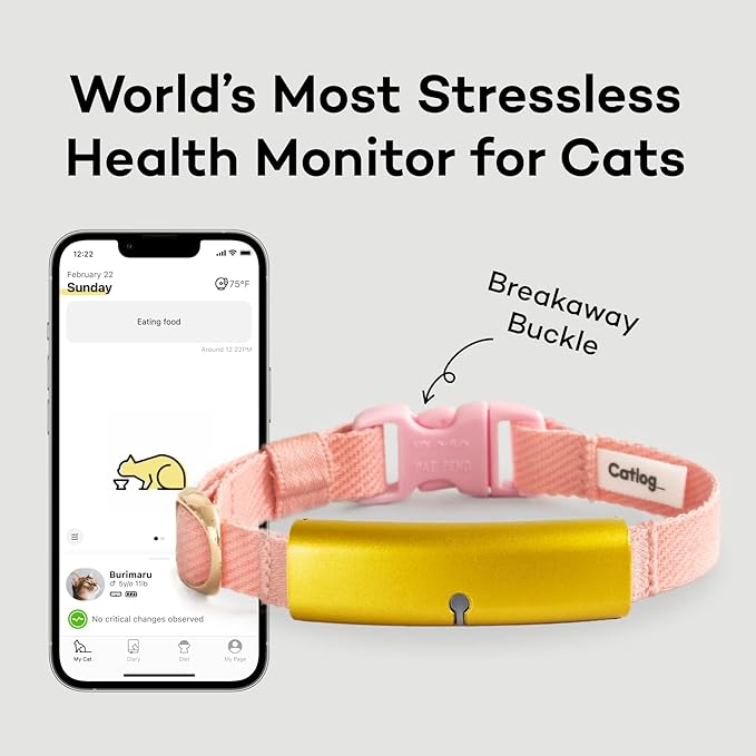 Smart Collar (Sakura, L) - Smart Collar with a Breakaway Buckle, Healthcare Tracker for Indoor Cat, Live Behavior Tracking, Loss of Energy Alerts