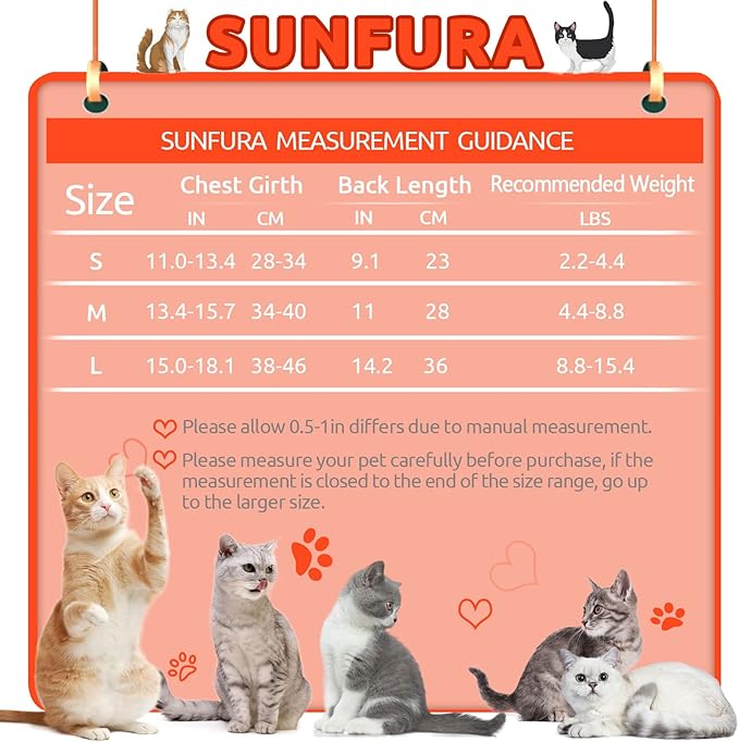 SUNFURA Cat Recovery Suit, Kitten Surgical Full Bodysuit for Abdominal Wound Protector Anti Licking After Surgery, Professional Bandages Cone E-Collar Alternative for Small Male & Female Pets