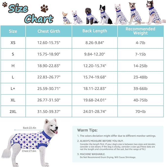 Recovery Suit for Dogs, Dog Recovery Suit Male Female Post Spay, Neuter, Abdominal Surgery Recovery Suit with an Inner Layer Pocket, Prevent Licking Soft Breathable Cotton, Blue, Large+