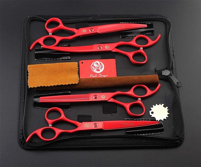 Purple Dragon Professional 7.0 inch 4PCS Pet Grooming Scissors Kit Japan Premium Steel Straight & Curved & Thinning Blade Dog Hair Cutting Shears Set with Case