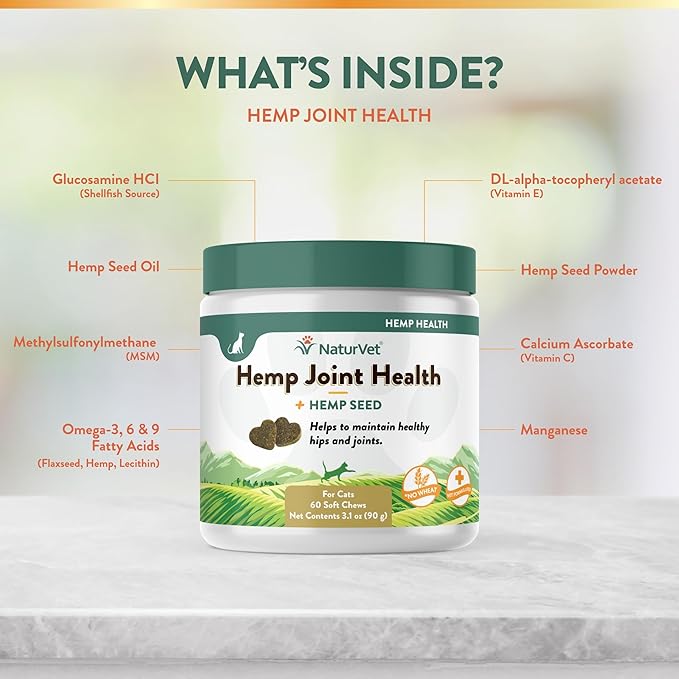 NaturVet – Hemp Joint Health for Cats - Plus Hemp Seed – 60 Soft Chews – Supports Healthy HIPS & Joints – Enhanced with Glucosamine, MSM & Hemp Seed– 30 Day Supply