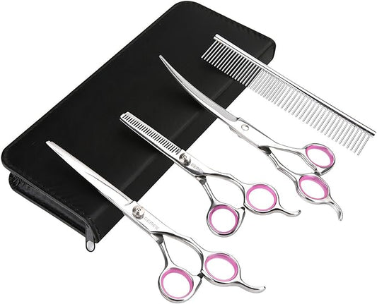 GEMEK Pet Cat Dog Grooming Scissors Set 4 Pieces Stainless Steel Professional Pet Trimmer Kit - 7.5 inch Straight Cutting Scissors, Thinning Shears, Curved Scissors, Grooming Combs