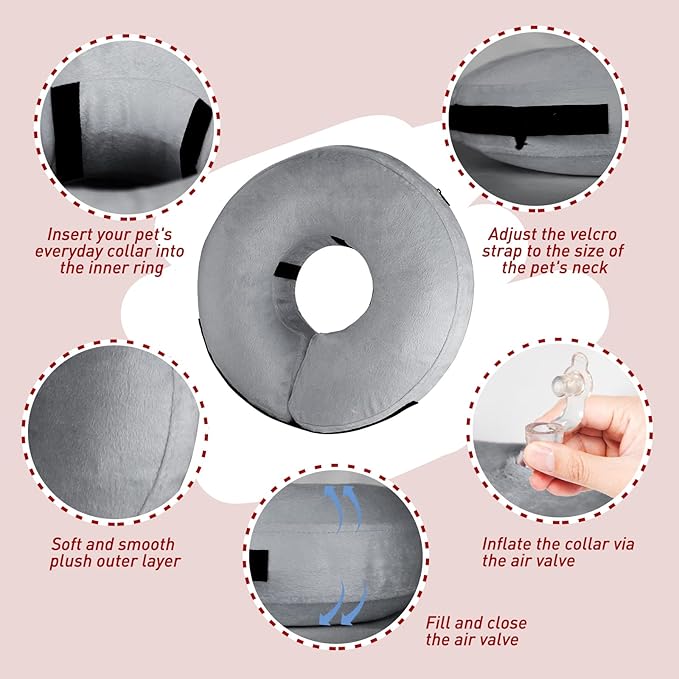 Inflatable Dog Collar-Soft Protective Cone for Dogs After Surgery,Dog Donut Collar Suitable for Dogs and Cats,Dog Cone Collar to Prevent Pets from Touching Stitches,Wounds and Rashes(Grey,M)
