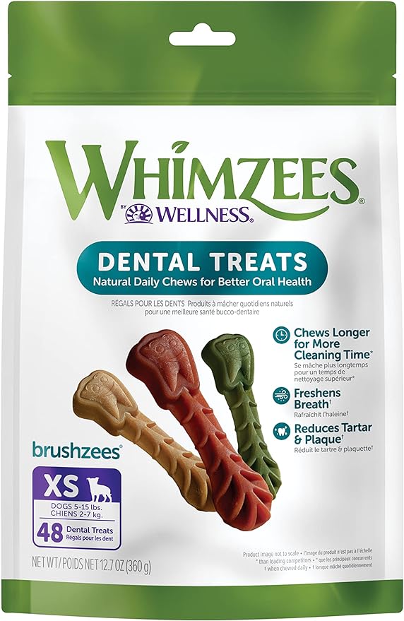 WHIMZEES by Wellness Brushing Dental Chews For Dogs, Grain-Free, Long Lasting Treats, Freshens Breath Extra Small Breed, 48 Count