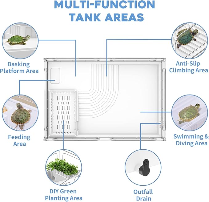 Small Turtle Tank, Turtle Aquarium, Acrylic Turtle Terrarium with Basking Platform, Bottom Drainage, Multi-Function Areas for Turtles, Crabs, Crayfish, Small Reptiles. (White Tank)