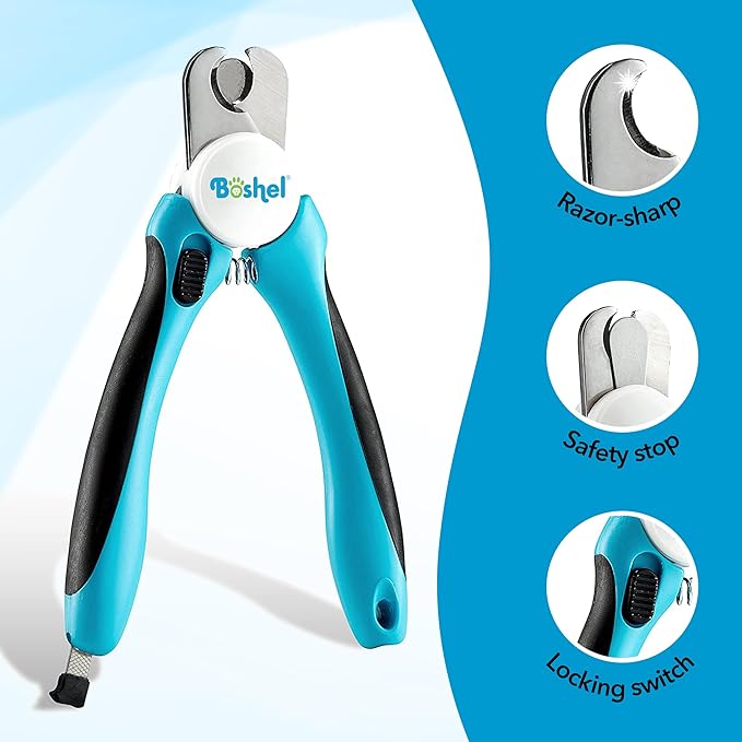 Boshel Dog Nail Clippers and Trimmer with Safety Guard to Avoid Over-Cutting Nails & Free Nail File - Razor Sharp Blades - Sturdy Non Slip Handles - for Safe, Professional at Home Grooming