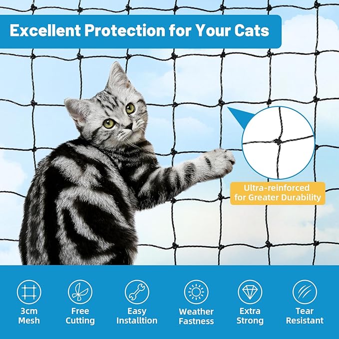 Cat Netting Balcony, 10x13ft Steel Wire Reinforced Balcony Screen for Pets, Anti-fall Pet Mesh Fence Cat Safety Net for Balcony, Window, Stair, Patio