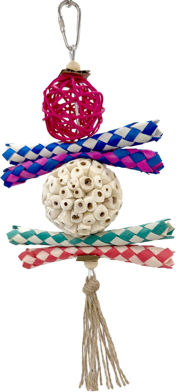 1702 Rainbow Rattan Sola Shredder - Handcrafted Foraging Bird cage Toy, Colorful Rattan Vine Ball, Chewy Bamboo Finger Traps, Handmade sola Wood Ball, Natural Jute Twine, Soft Materials, Easy Ripping