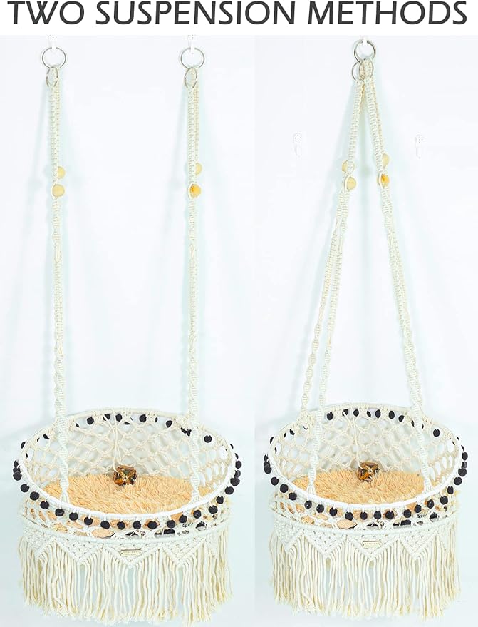 Cat Macrame Hammock for Larger Cats,Hanging Cat Bed Chair Boho Cat Swing Bed with Catnip Cushion and Scratching Mat