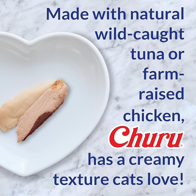 INABA Churu Cat Treats, Grain-Free, Lickable, Squeezable Creamy Purée Cat Treat/Topper with Vitamin E & Taurine, 0.5 Ounces Each Tube, 24 Tubes (4 per Pack), Tuna with Scallop Recipe