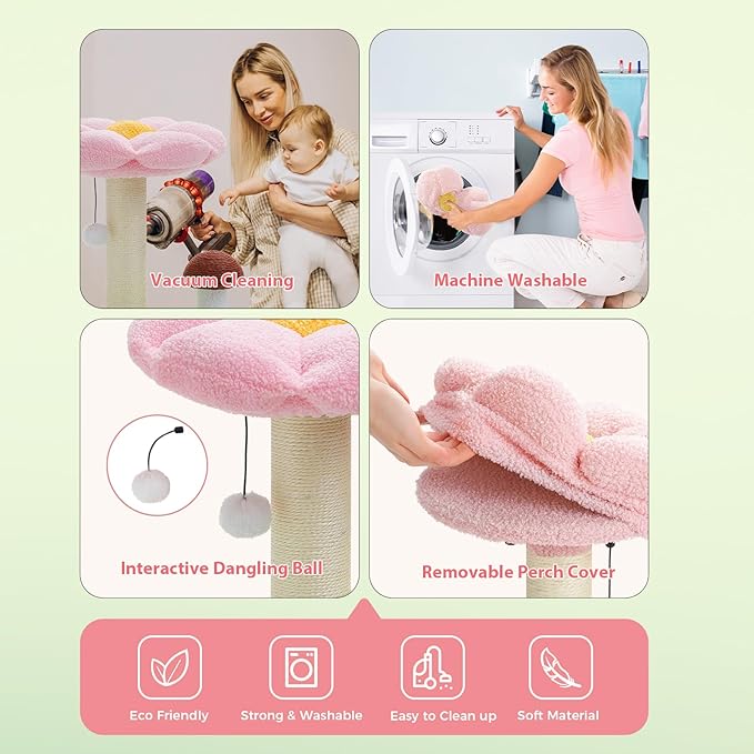 PETEPELA Flower Cat Scratching Post, Mushroom Cat Scratcher Cute with Thick Scratching Post [Dia=3.5''] & Removable Flower Cat Bed, Tall Cat Post for Kittens and Indoor Small Cats, Pink