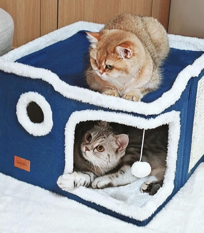 Large Cat Cave Bed for Indoor Cats, Cats Cube House with Scratch Pad Cat Condo Hideaway Tente Hut with Washable Sherpa Warm Soft Cat Mat, Cute Cat Beds Furniture, Modern Dog Bed,Navy