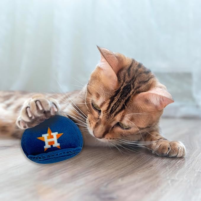 BEST PLUSH CAT TOY - MLB HOUSTON ASTROS Complete Set of 3 piece Cat Toys filled with Fresh Catnip. Incld: 1 Baseball Cap Cat Toy, 1 Baseball Cat Toy with Feathers & 1 Beer Bottle. Beautiful Team LOGOS