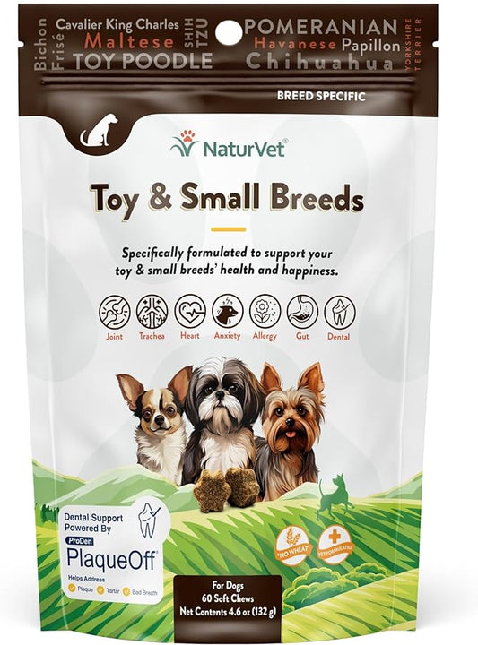 NaturVet Small Breeds Supplement- for Joint Support, Digestion, Skin, Coat Care- Dog Multivitamins with Minerals, Omega-3, PlaqueOff- Wheat-Free Vitamins for Dogs- Toy and Small Breeds- 60 Soft Chews