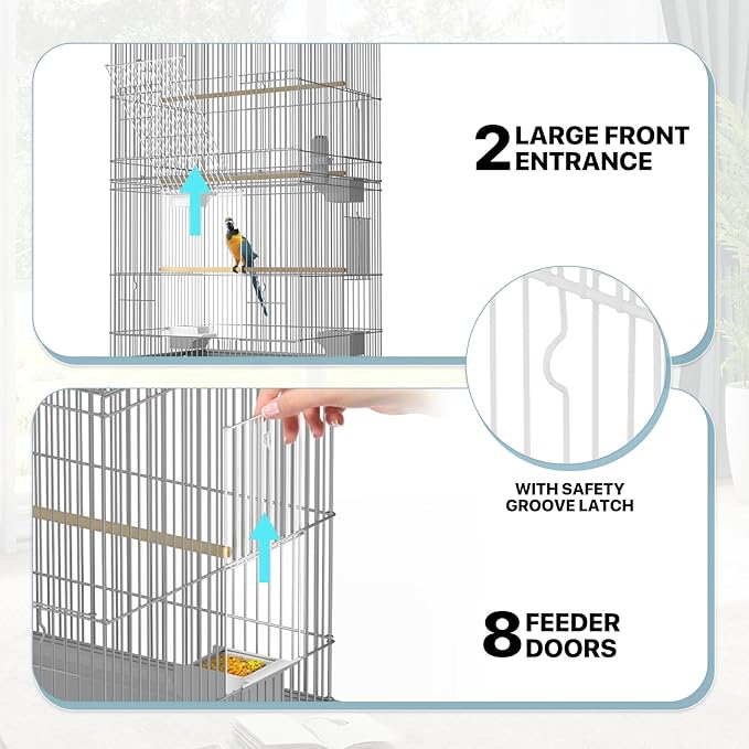 MoNiBloom 61 Inch Bird Cage with Detachable Rolling Stand, Large Flight Cage with Side-Out Tray for Parakeets Canaries Cockatiels Lovebirds Conures, White