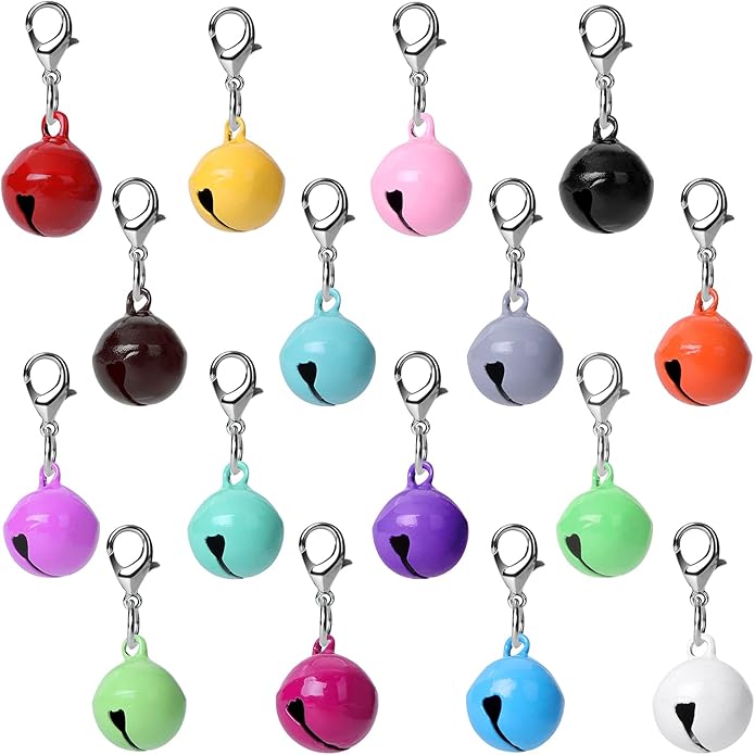 16 Pcs Cat Dog Collar Bells, Jingle Bell for Cat Collar, Dog Collar Charms, Colourful Pet Small Bells with Clasps, Pet Collar Accessories, Festival Party DIY Crafts Decoration