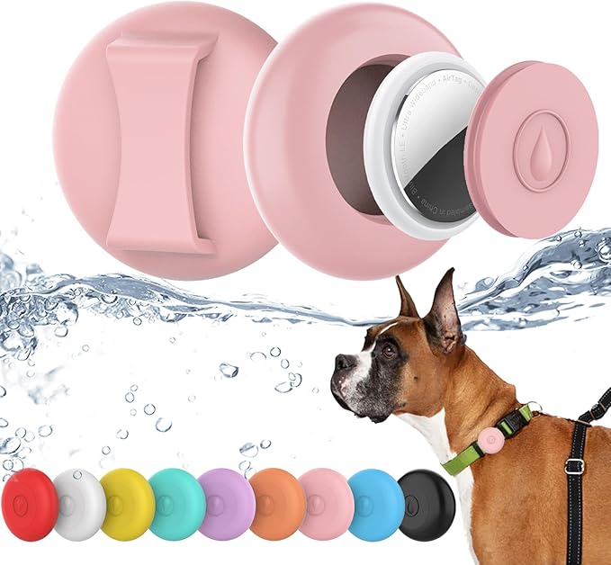 IPX8 Waterproof AirTag Dog Collar Holder, Hidden Air Tag Case for Cat Collar, Anti-Lost Silicone Cover for AirTag GPS Tracker Compatible with Pets Loop, Fits All Width Collars(Pink M)