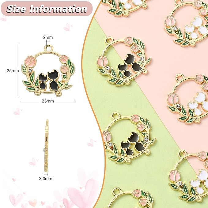 KitBeads 20pcs Cute Cat Charms Mixed Colors Flower Ring Wreath Charms Cartoon Rose Couple Kitten Charms for Jewelry Making Bracelets Bulk