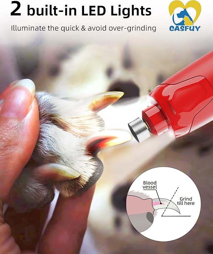 Casfuy Dog Nail Grinder Quiet - (45db) 6-Speed Pet Nail Grinder with 2 LED Lights for Large Medium Small Dogs/Cats, Professional 3 Ports Rechargeable Electric Dog Nail Trimmer with Dust Cap(Red)