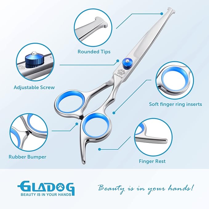 GLADOG Professional 5 in 1 Dog Grooming Scissors Set with Safety Round Tips, Sharp and Heavy-duty Pet Grooming Shears for Cats