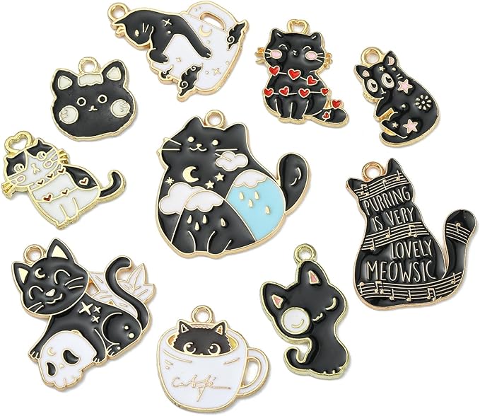 KitBeads 30pcs 10 Styles Black Cat Charms Kawaii Animal Pet Charms Tarot Halloween Celestial Kitten Charms for Jewelry Making Bracelets Bulk