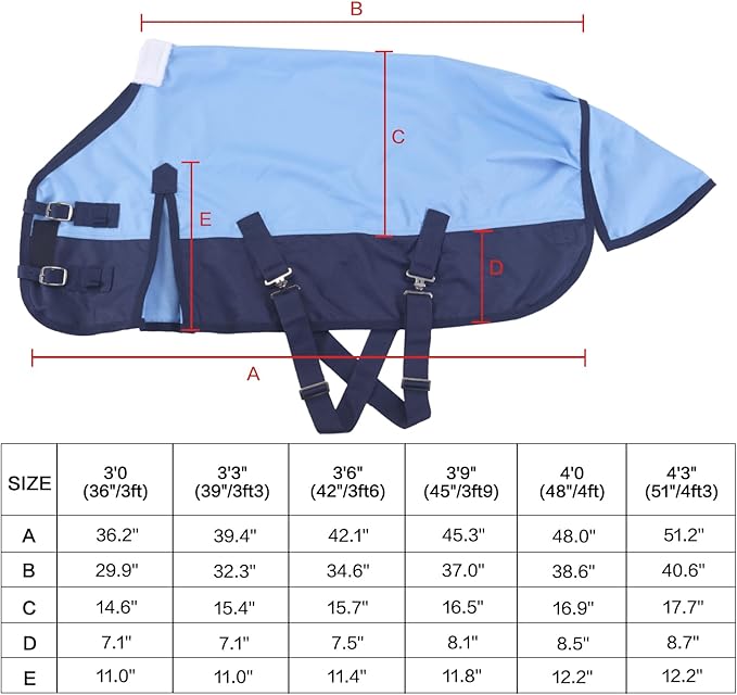 Mini Horse/Pony/Foal/Miniature Size 36"-51" Lightweight Waterproof & Breathable 1200 Denier Turnout Blanket with No Filling Lightblue 45"