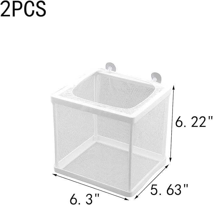 MY MIRONEY 6.3" x 5.63" x 6.22" Fish Incubator Mesh Box Aquarium Fish Breeder Box White Nylon Mesh Juvenile Fish Separation Net Fish Fry Hatchery with Suction Cups Pack of 2