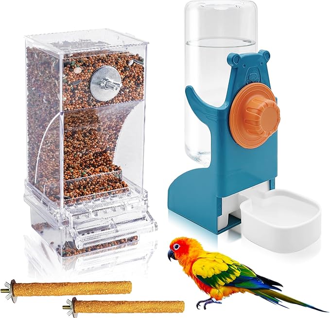 No Mess Bird Feeder with Water Dispenser, Automatic Parrot Feeder Drinker Parakeet Seed Dispenser Food Container with Cage Perch for Lovebirds Conures Budgies Canary Finch (4Pcs)