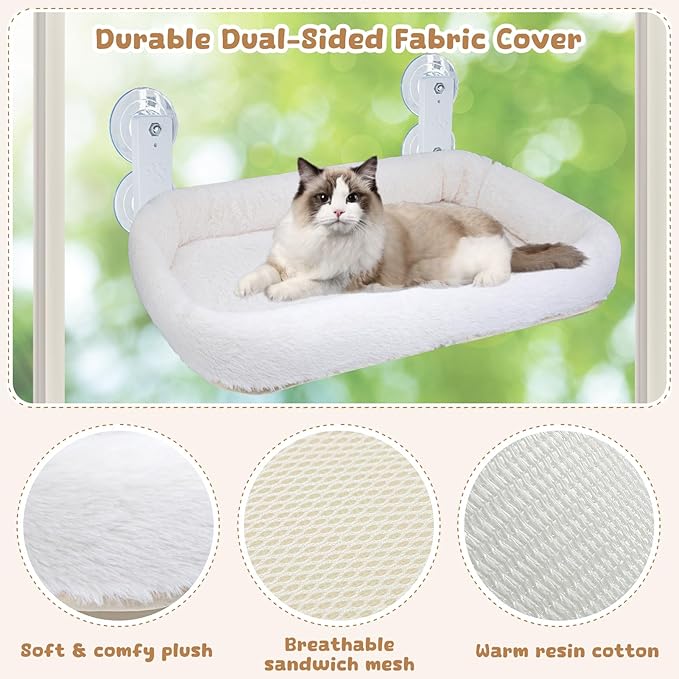 Cat Window Perch Sturdy Cat Window Hammock with 4 Strong Suction Cups and Metal Frame-Cat Bed for Windowsill,Floor,Bedside or Cabinet-Suitable for Large Cats(L-White Bed Cover)