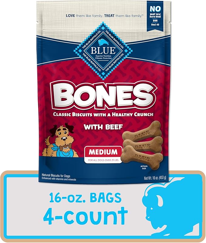 Blue Buffalo Bones Natural Crunchy Dog Treats, Medium Dog Biscuits, Beef (16-oz bag, 4 count)