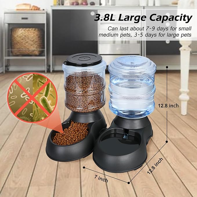 2 Pack Automatic Cat Feeder and Water Dispenser in Set Gravity Food Feeder and Waterer with Pet Food Mat for Small Medium Dog Pets Puppy Kitten Big Capacity 1 Gallon x 2 (2 Pack Jet Black)