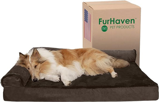 Furhaven Cooling Gel Dog Bed for Large Dogs w/ Removable Bolsters & Washable Cover, For Dogs Up to 95 lbs - Plush & Velvet L Shaped Chaise - Sable Brown, Jumbo/XL