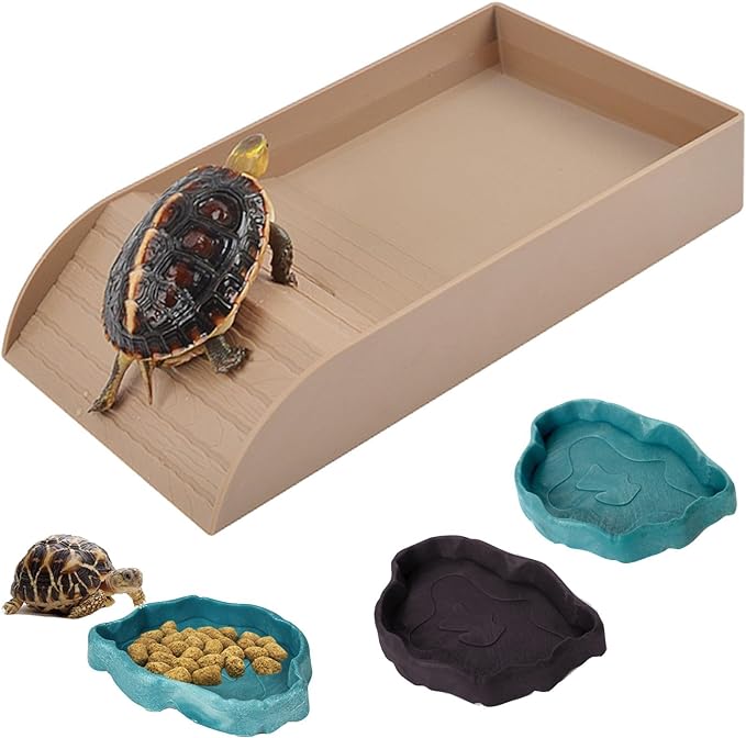 3pcs Tortoise Water Dish with Ramp Turtle Food Water Bowls Rock Reptile Water Dish Tortoises Habitat Accessories Turtle Reptile Bathing Pool (Brown)