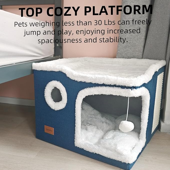 Large Cat Cave Bed for Indoor Cats, Cats Cube House with Scratch Pad Cat Condo Hideaway Tente Hut with Washable Sherpa Warm Soft Cat Mat, Cute Cat Beds Furniture, Modern Dog Bed,Navy