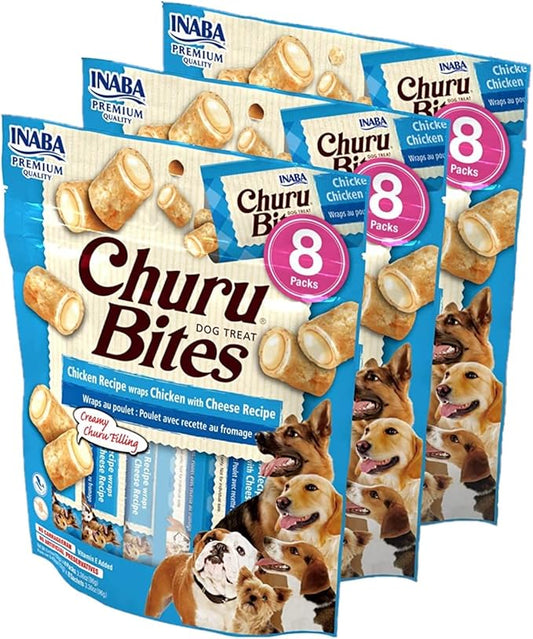 INABA Churu Bites for Dogs, Grain-Free, Soft/Chewy Baked Chicken Wrapped Churu Filled Dog Treats, 0.42 Ounces Each Tube | 24 Tubes Total, Chicken with Cheese Recipe