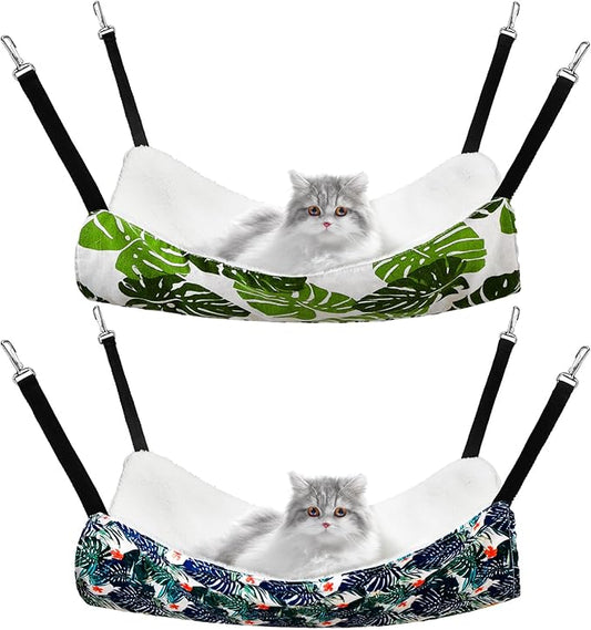 Jetec 2 Pieces Reversible Cat Hanging Hammock Soft Breathable Pet Cage Hammock with Adjustable Straps and Metal Hooks Double Sided Hanging Bed for Cats Small Dogs Rabbits (Monstera Leaf,L)