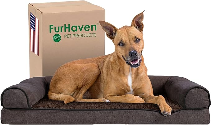 Furhaven Orthopedic Dog Bed for Large/Medium Dogs w/ Removable Bolsters & Washable Cover, For Dogs Up to 55 lbs - Sherpa & Chenille Sofa - Coffee, Large