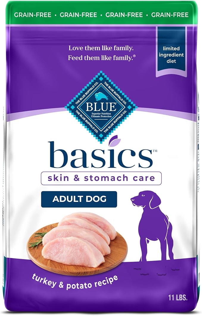 Blue Buffalo Basics Adult Grain-Free Dry Dog Food for Skin & Stomach Care, Limited Ingredient Diet, Made in the USA with Natural Ingredients, Turkey & Potato Recipe, 11-lb. Bag