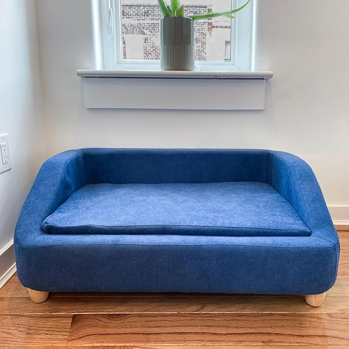 Critter Sitters 36-In. Microfiber Blue Rectangular Dog Couch for Medium-Sized Dogs, Modern and Stylish Elevated Dog Bed for Home or Apartment, Comfortable and Easy to Clean Dog Beds