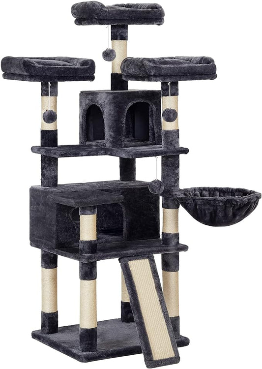 FEANDREA Cat Tree, Large Cat Tower, Cat Condo with Scratching Posts, Board, 2 Caves, 3 Plush Perches, Activity Center, 66.5 Inches, Smoky Gray UPCT019G01