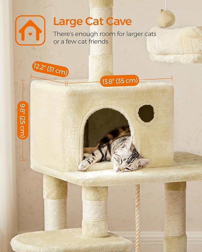 Feandrea Cat Tree, 56.3-Inch Cat Tower for Indoor Cats, Multi-Level Cat Condo with 11 Scratching Posts, 2 Perches, Cave, Hammock, Beige UPCT15BE