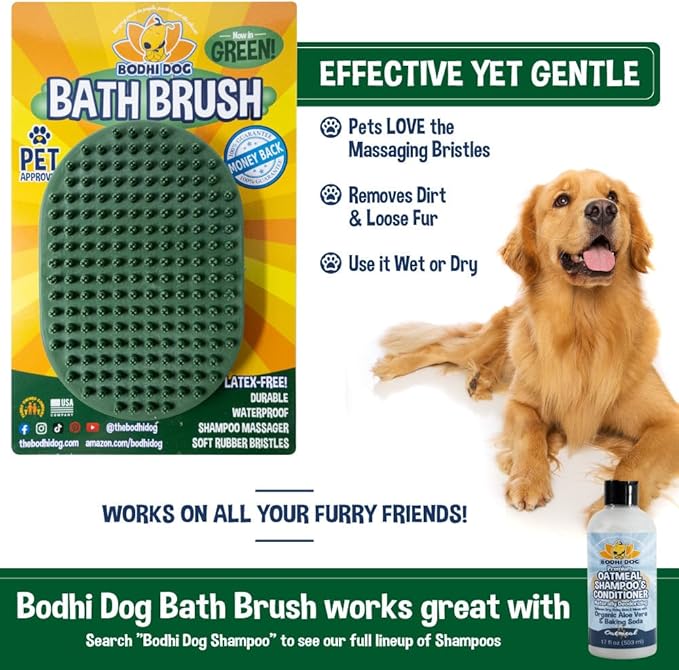 Bodhi Dog Shampoo Brush | Pet Shower & Bath Supplies for Cats & Dogs | Dog Bath Brush for Dog Grooming | Long & Short Hair Dog Scrubber for Bath | Professional Quality Dog Wash Brush (Dark Green)